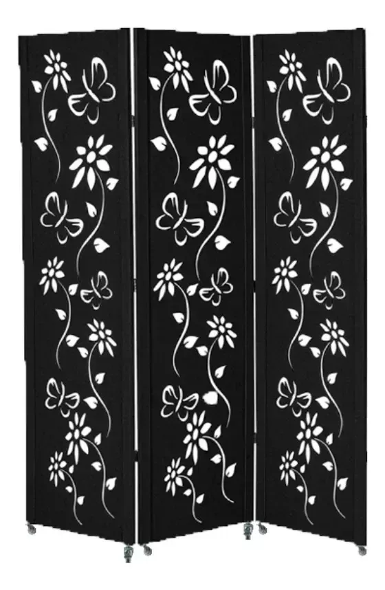 3 Biombo Divisória Ambiente Pintado Branco Preto Rodinha Np Florido