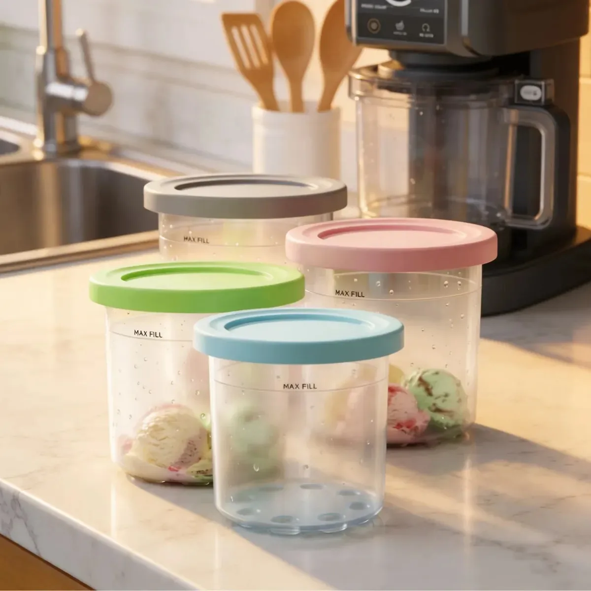 4 Recipientes Sorvete + Potes Armazenamento Para Cozinha Sorveteira Maquina Compativel Ninjac/ Pote
