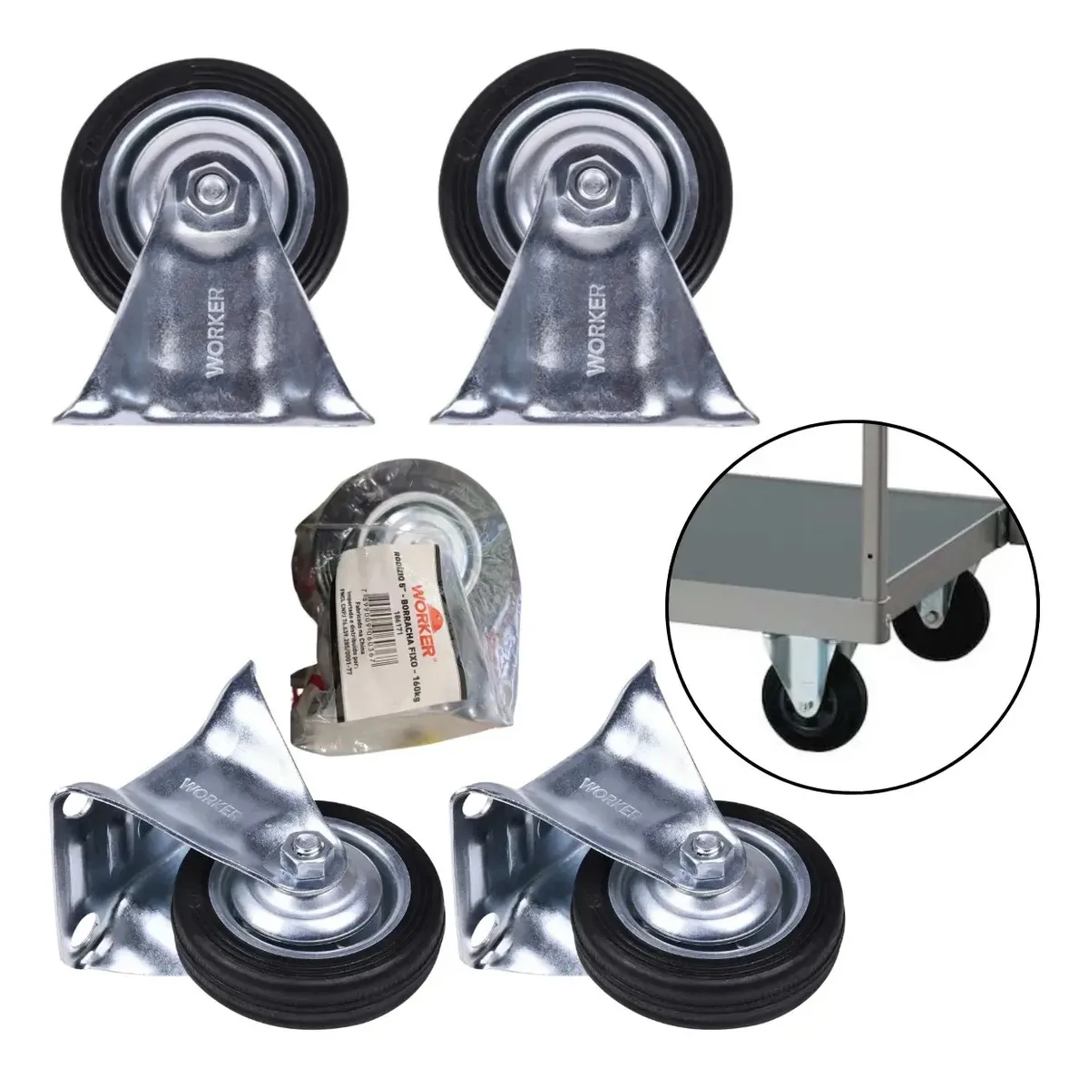 4 Rodizios Fixo Moveis Carrinhos 5'' Borracha 160kg Worker Preto