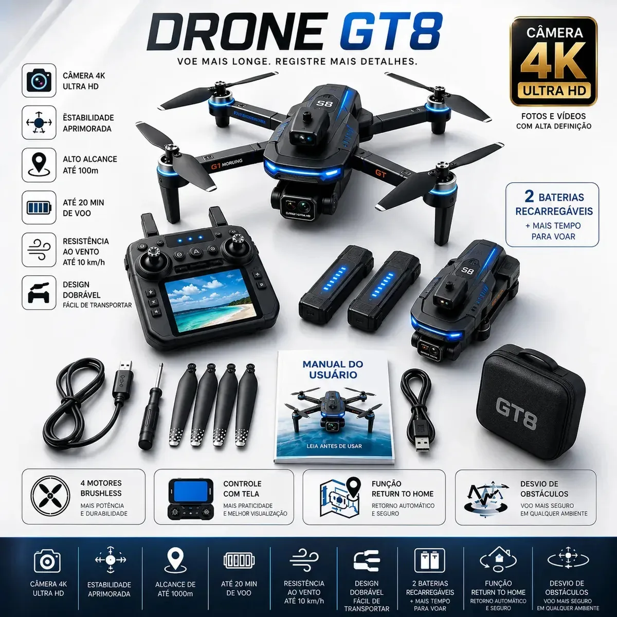 Drone GT8 Pro 4k Profissional Com Câmera E Desvio Inteligente Voo Estável Kit Acessórios Completo Imagem Perfeita Ultra HD Marca Popsy