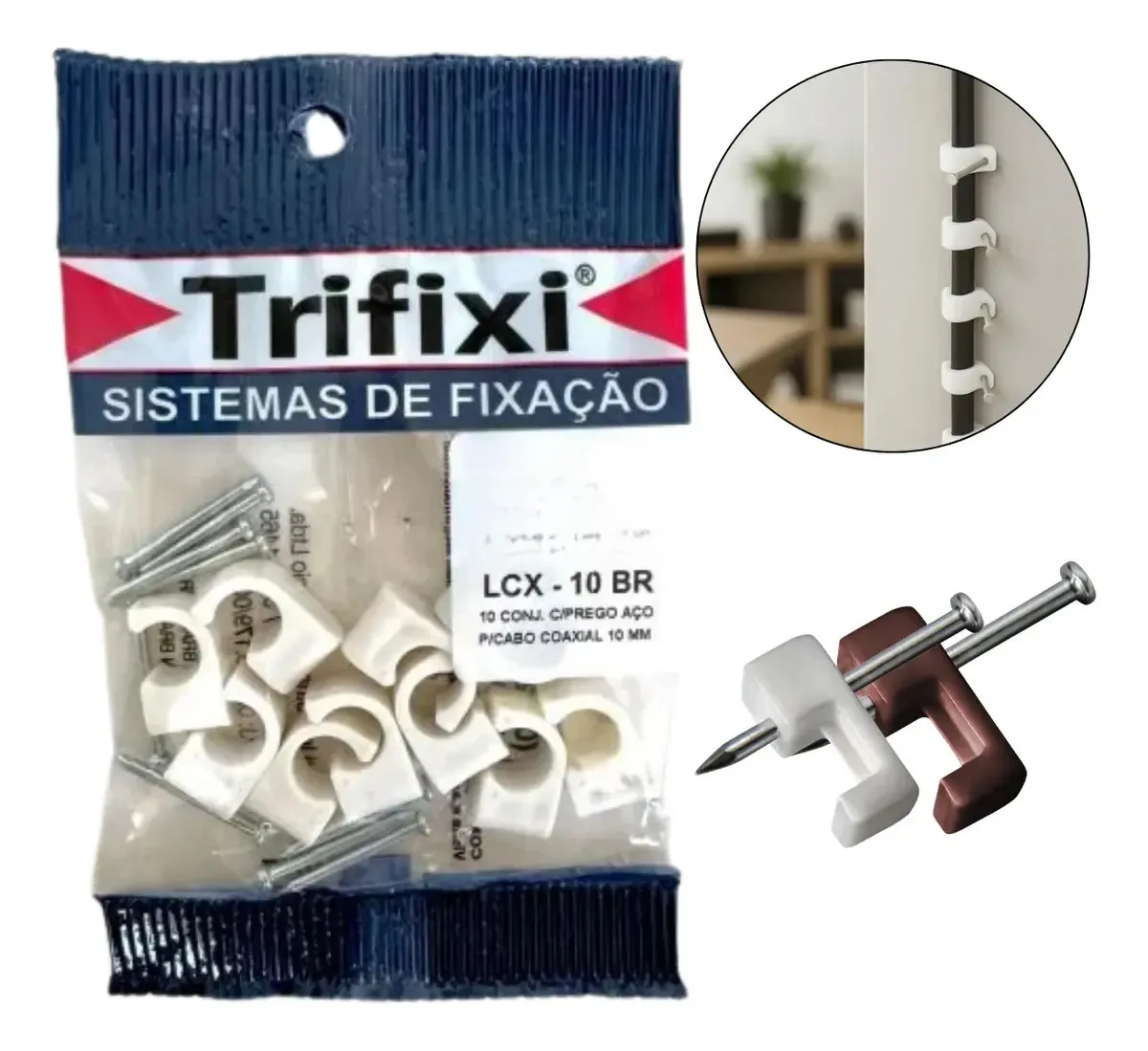 Kit 20 Grampos Fixa Fio Coaxial Miguelão 4,6 E 8mm Trifixi Marrom - 8mm