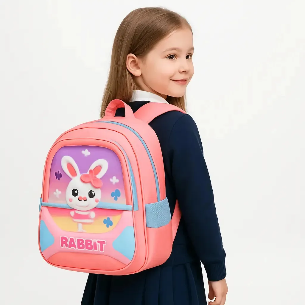 Mochila Infantil Escolar Pequena Menina Bolsa Escolar Rosa Cor Coelho Desenho do tecido Liso