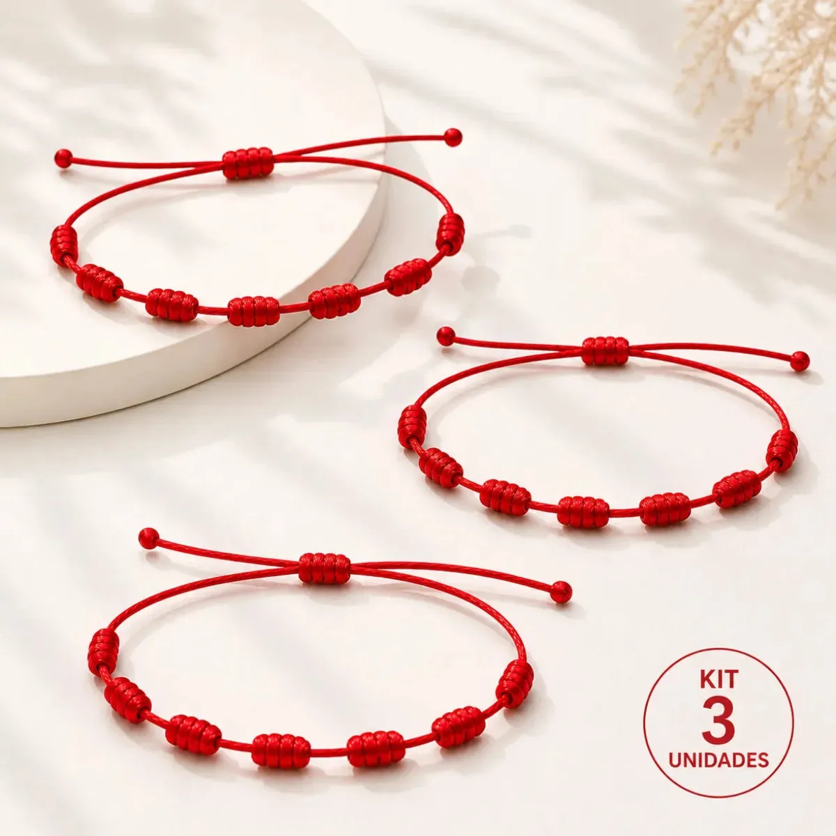 Kit 3 Pulseiras Vermelhas 7 Nós Kabbalah Proteção Amor Sorte Prosperidade E Abundancia - Fehu