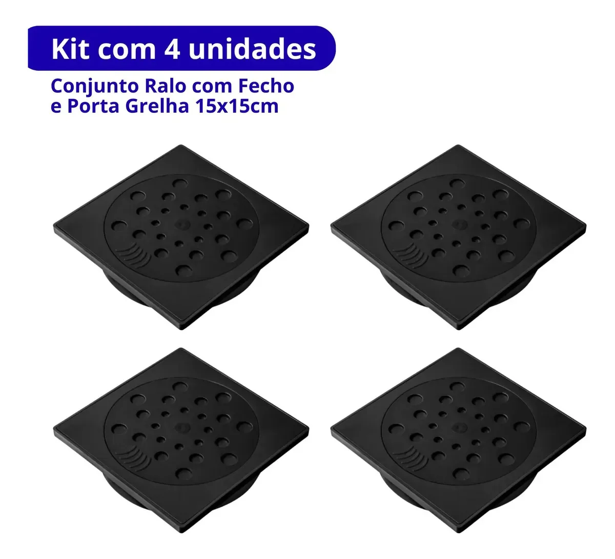 Kit com 4 Ralos Quadrados Gemell 15x15 cm Preto com Fecho e Porta Grelha