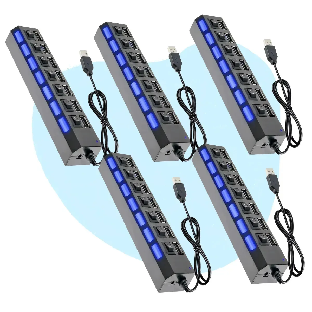 Kit 5 Hub Usb 7 Portas Extensão Régua Adaptador Led Com Chave Seletora Extensor Várias Entradas Para Pc Pen Drive Hd Externo