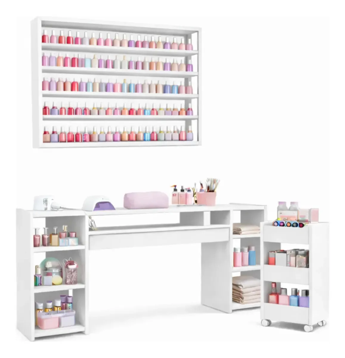 Mesa Para Manicure Profissional Mdf Com Nicho E Carrinho Branco