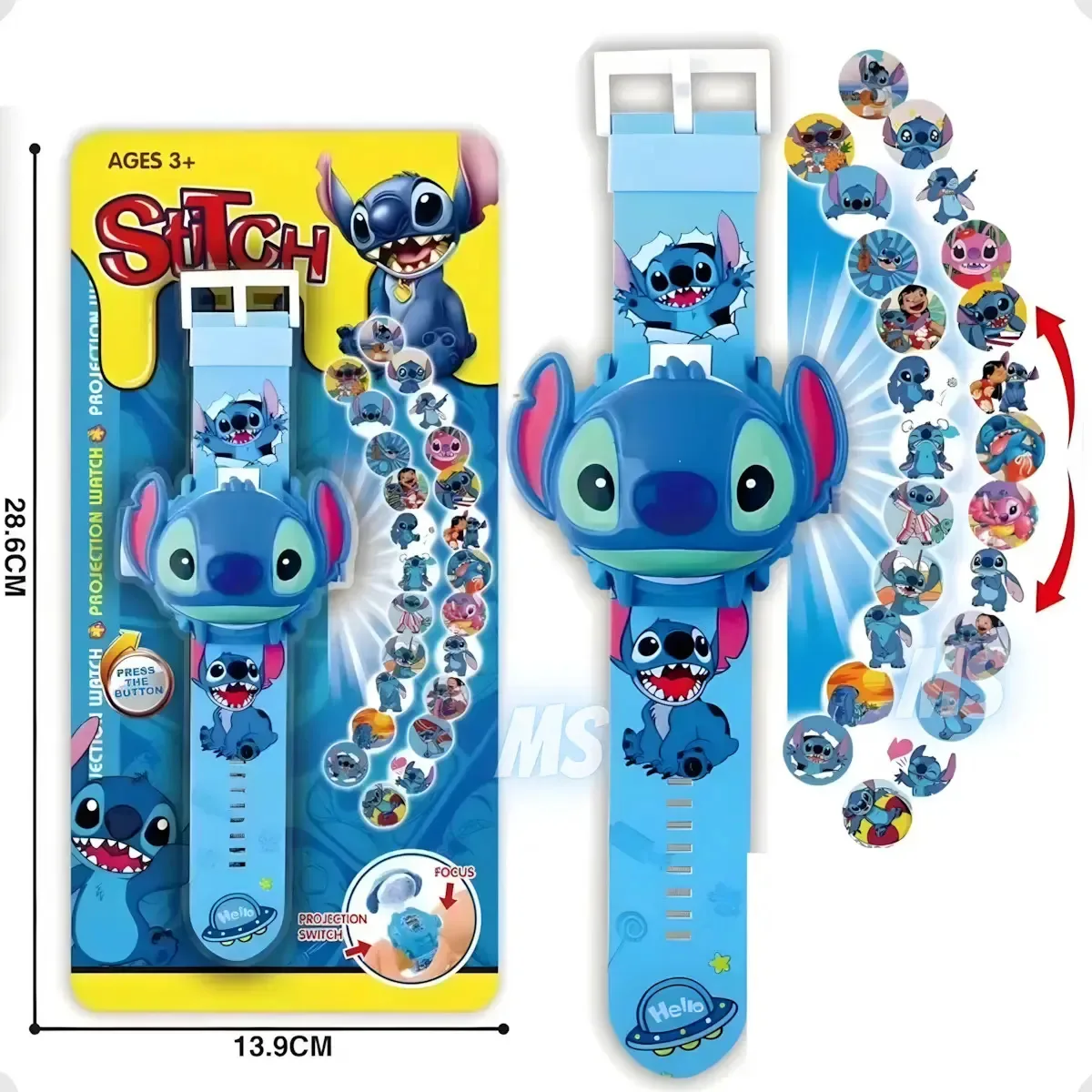 Relógio Digital Stitch Projetor Led Infantil 24 Desenhos Azul/rosa