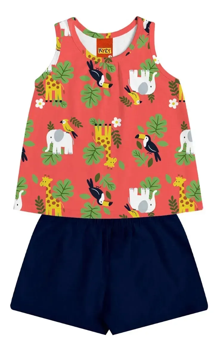 Conjunto Infantil Menina Kyly Verão Blusa Leve E Shorts Liso Vermelho 1