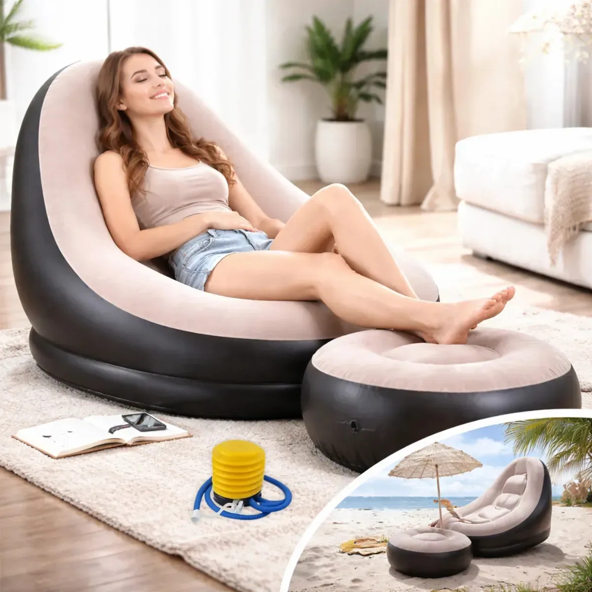 Poltrona Inflável Ultra Lounge Com Pufe Sofá Preguiçoso Cor Bege