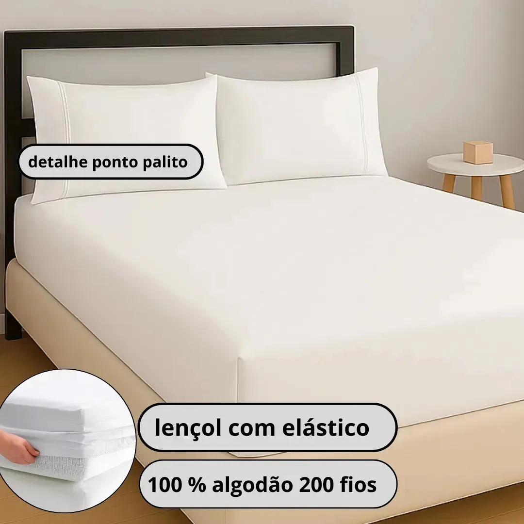 Jogo De Lençol Roupa De Cama 200 Fios Percal Algodão Branco