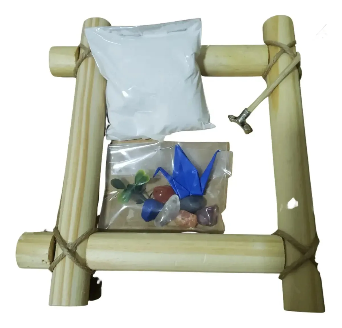 Jardim Zen Quadrado Com Pedras Naturais Madeira Clara 12 Cm