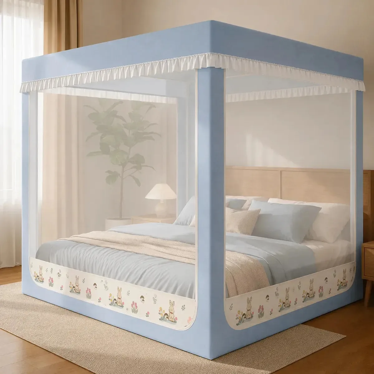 Mosquiteiro De Chão Com Suporte Três Portas Com Zíper Adequado Para Camas De Casal Ventilação E Proteção Contra Insetos 1.5*2.0m Azul