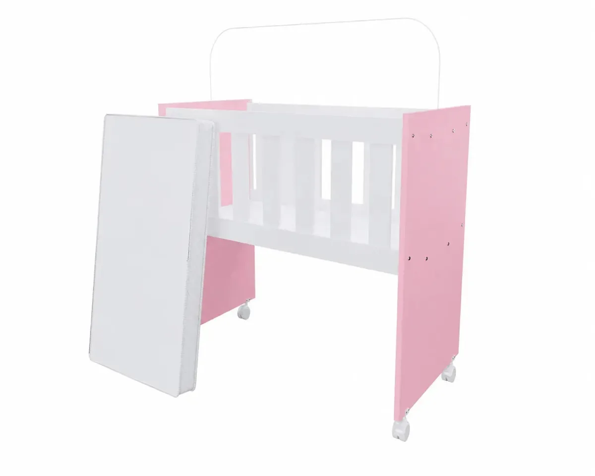 Berço Moisés de MDF com Colchão e Rodízios para Meninas Rosa
