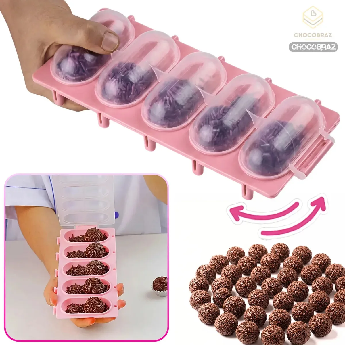 Enrolador Para Brigadeiro ROSA Doces Finos Chocalho Boleador Para Confeitaria Profissional e Docinhos Para Festas de Aniversário Casamento 5 Brigadeiros de Uma Vez Chocalho Para Beijinho Prático