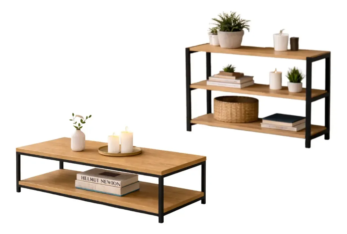 Combo Mesa Centro Metalon + Sapateira Industrial Moderna Marrom