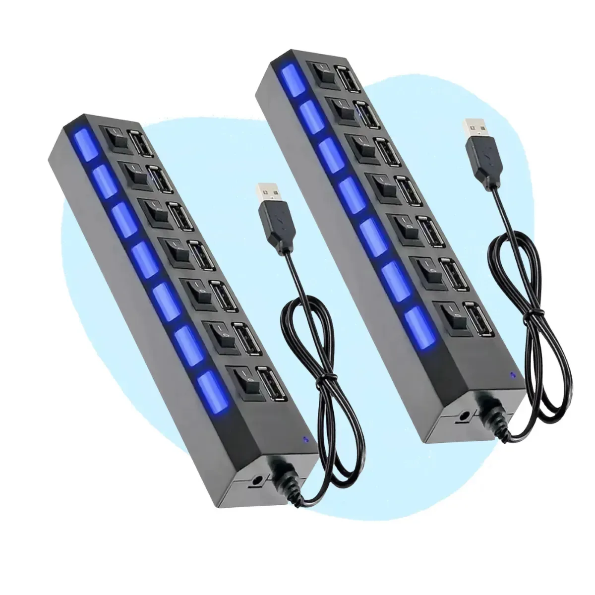 Kit 2 Hub Usb 7 Portas Extensão Régua Adaptador Led Chave Seletora Extensor Várias Entradas Para Pc Pen Drive Hd Externo