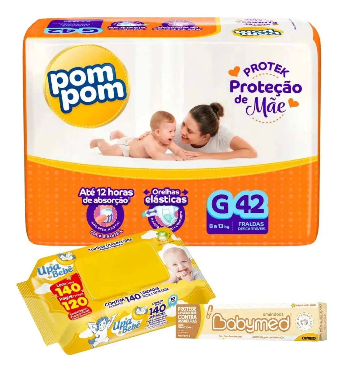 Kit Fralda Descartável Protek Mega + Lenço Upa Bebê + Creme Grande (g)
