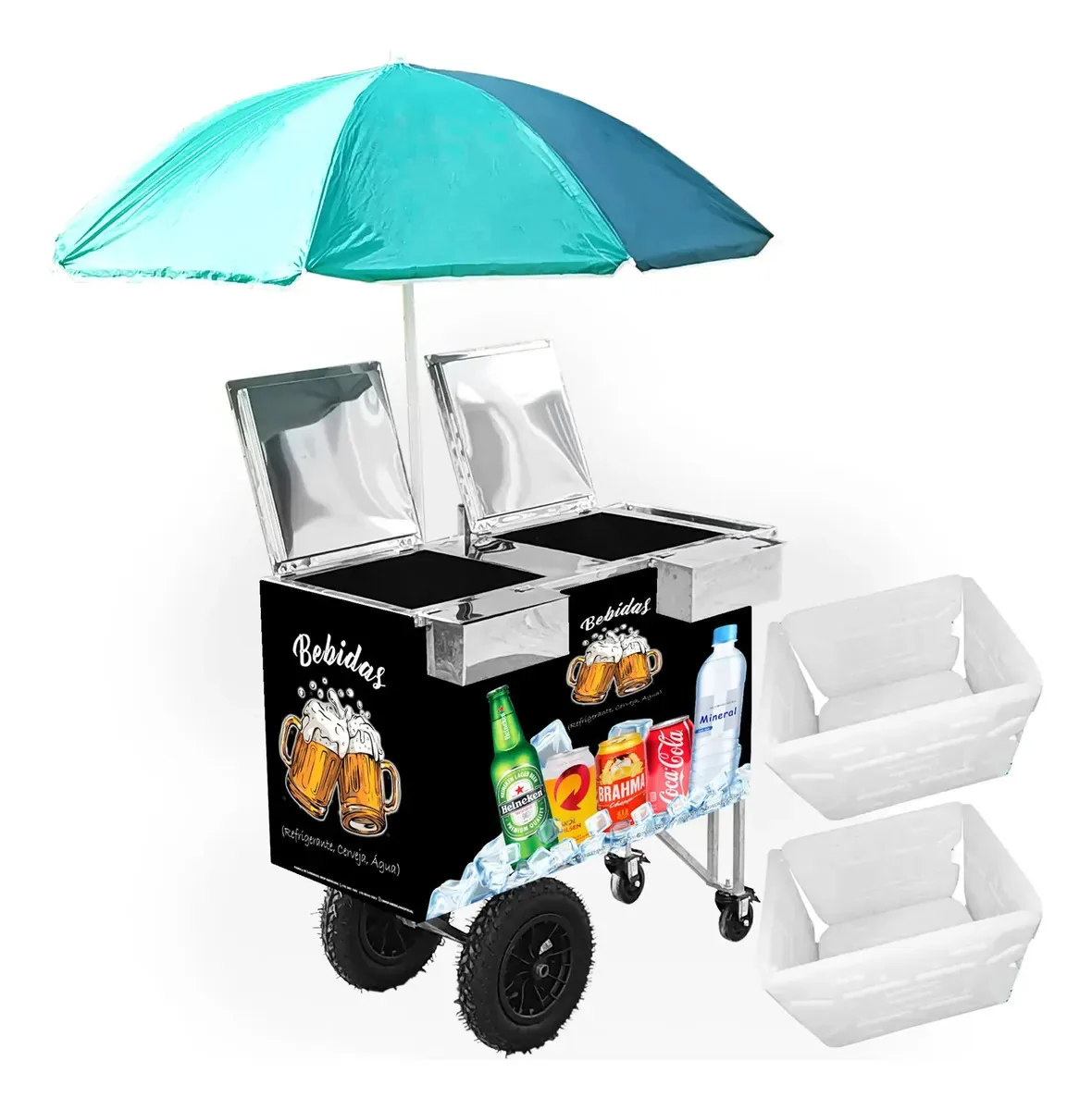 Carrinho Duas Cubas Duplo Inox Bebidas + Placas Gelo
