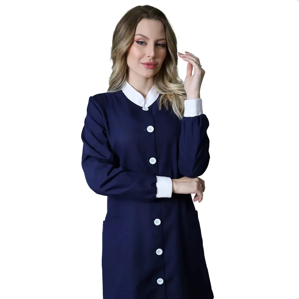 Jaleco Feminino Manga Longa Hospitalar Cirúrgico Enfermagem Profissional Acinturado Médico Medicina Manu Azul Marinho Branco Tamanho P