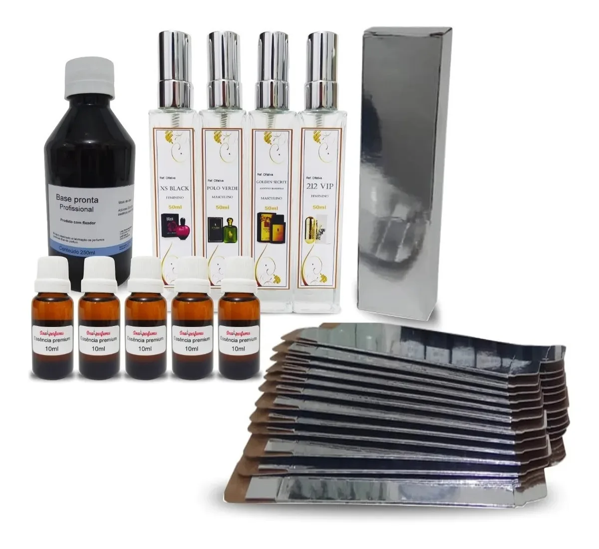 5 Essências Perfumes + Vidro, Válvula Luxo, Caixa, Rótulo