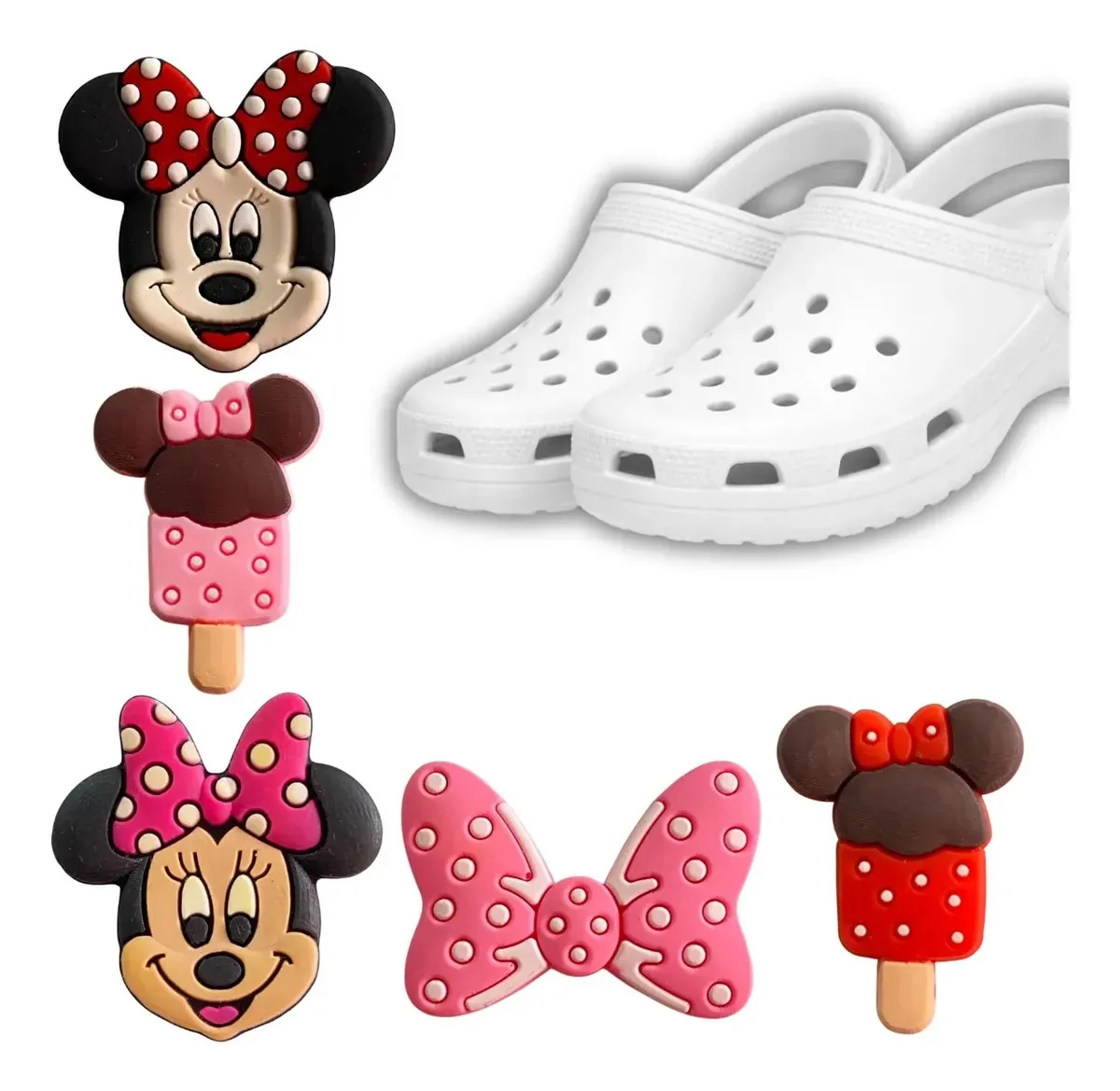 Kit Com 5 Pins Divertidos de Crocs Emborrachados Minie Rosa