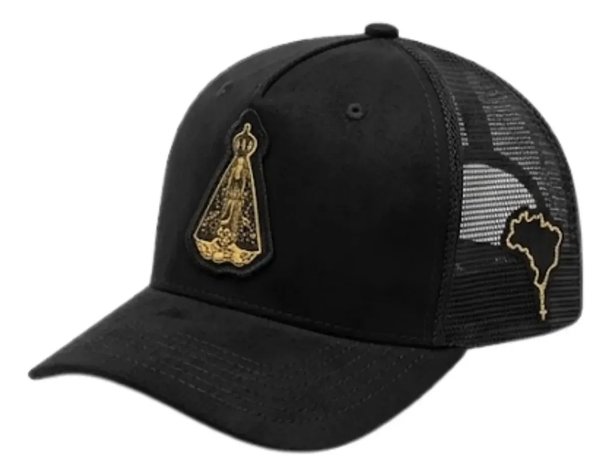 Boné Trucker Agro Farm Nossa Senhora Aparecida, com Aba Curva Preto