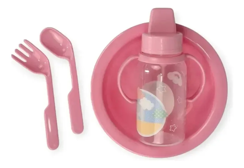 Kit Alimentação Bebê New Baby Prato Copo E Talheres Bpa Free Cor Rosa
