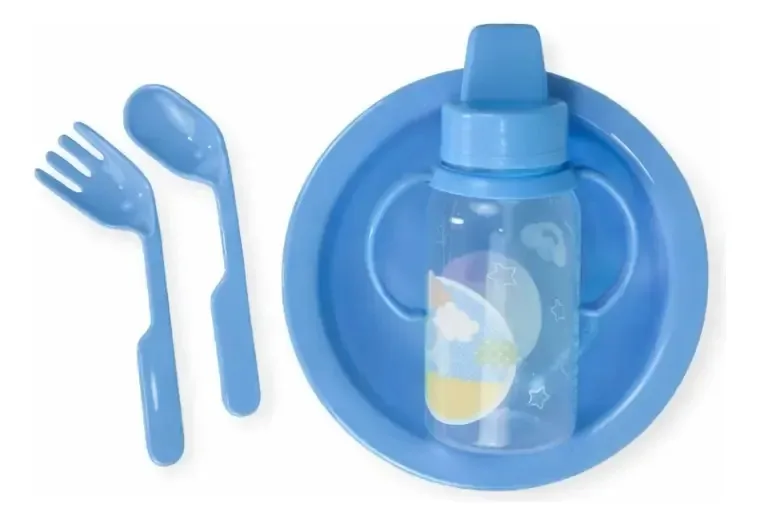 Kit Alimentação Bebê New Baby Prato Copo E Talheres Bpa Free Cor Azul