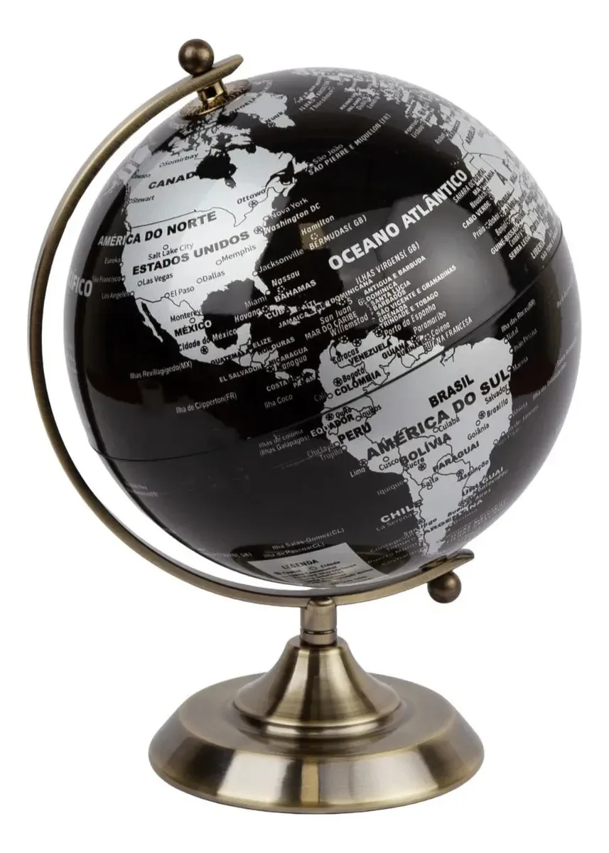 Globo Terrestre Giratório Político Decorativo Estudo 20 Cm Preto / Prateado
