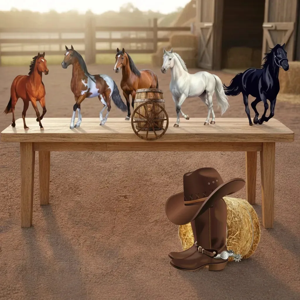 6 Display Mesa + 1 Totens De Chão Cavalo Haras Peão Festas