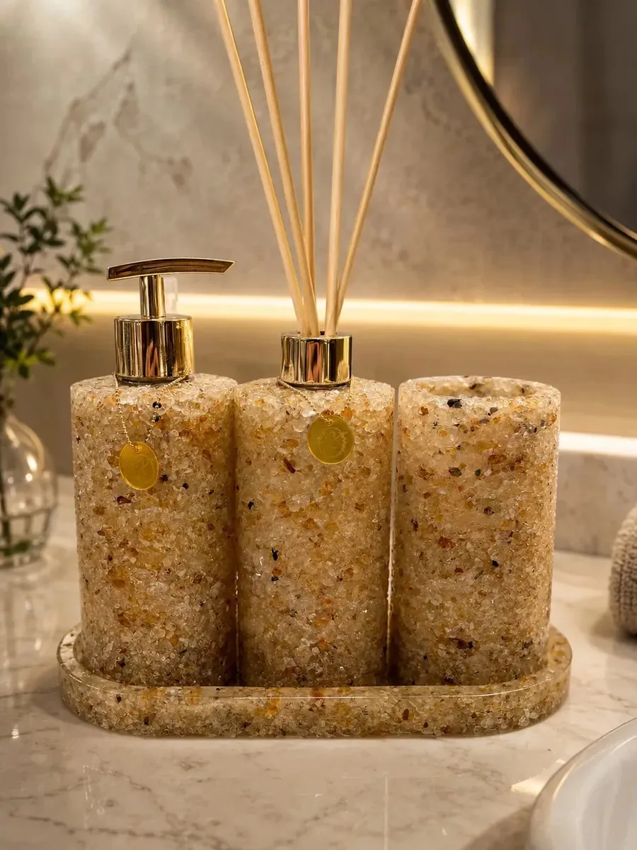 Kit Trio Arom, Sabon, Porta Escova, Bandeja Linha Premium Citrino Premium