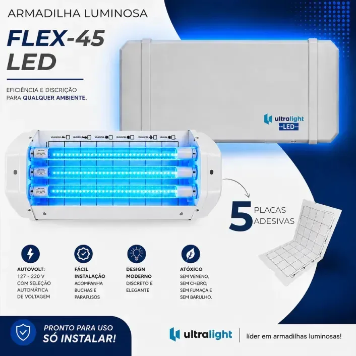 2 Armadilhas Luminosas Flex-45 Pega Mata Mosca + 5 Refil