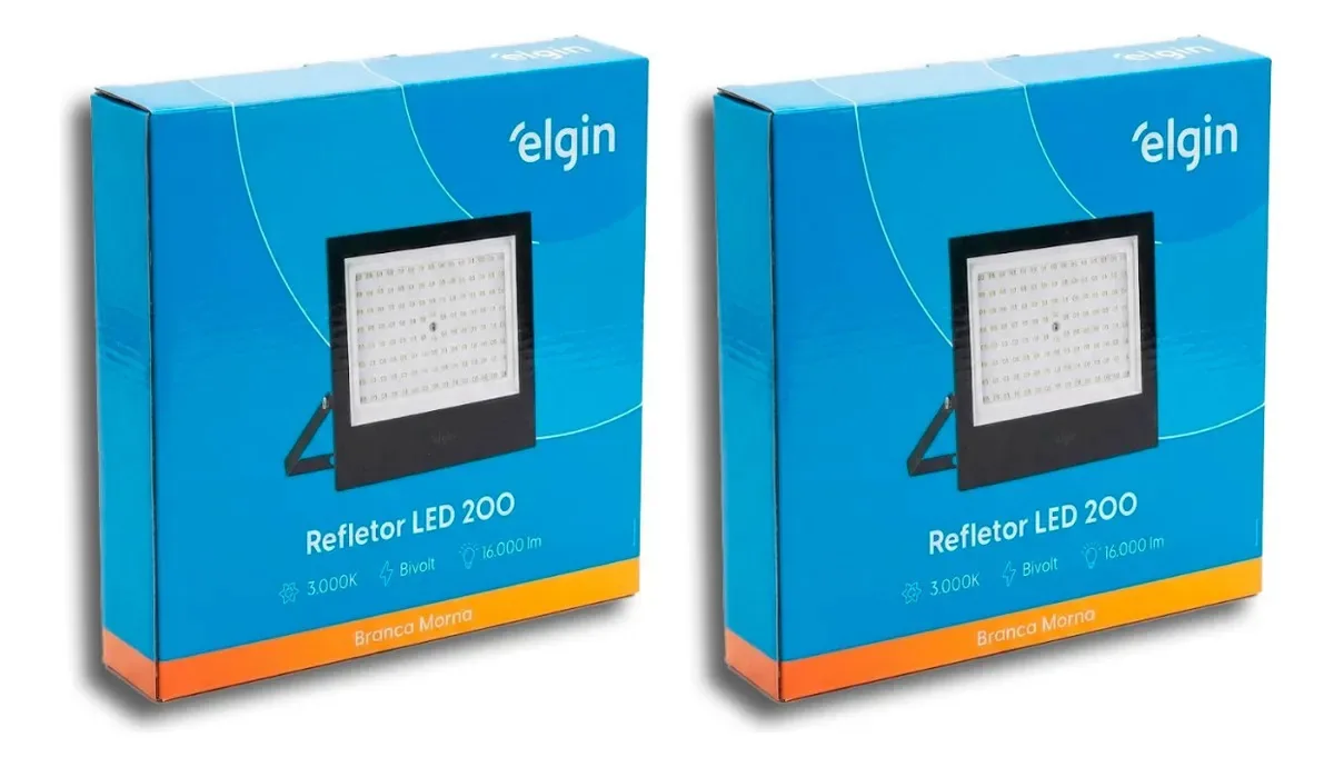 2 Refletores Led Elgin 200w 3000k Branco Quente Ip66