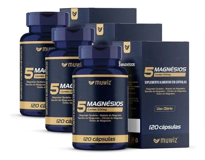 5 Magnésio 120 Cápsulas 500mg Magnésio 5 Em 1- Kit 3 Unidades Sem Sabor