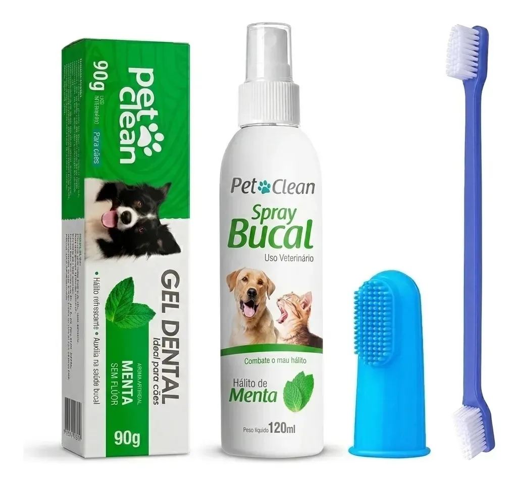 Escova Dente Gel Dental Spray Kit Higiene Bucal Pet Pra Caes Menta