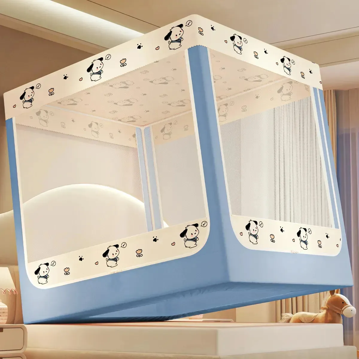 Mosquiteiro Para Cama Casal Quadrado Estável Estampado Cartoon 1.5*2.0m |Ohté Cachorro Orelhudo Com Armacao Zíperes em três lados