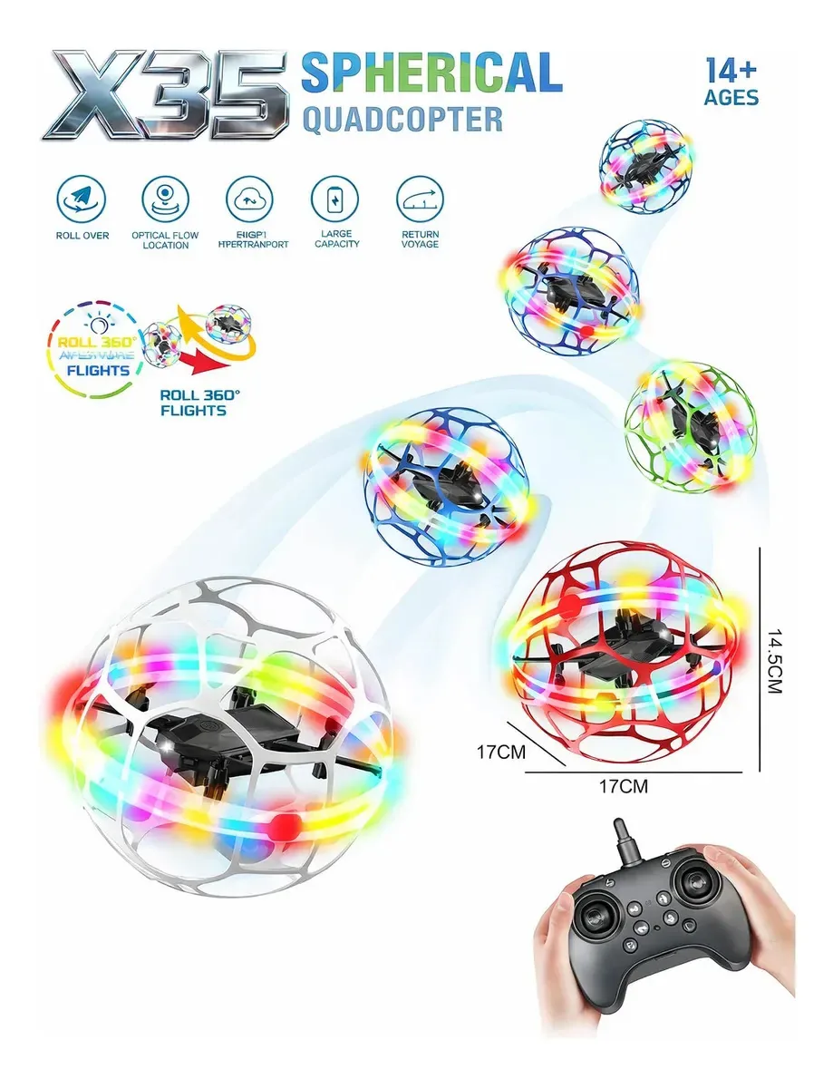 Drone Infantil X35 Esférico Led Anti Impacto Não Quebra Nunca Controle Remoto Voo 360° Seguro Para Crianças Resistente Sensor Obstáculos Recarregável Diversão Indoor - Marca Ergon