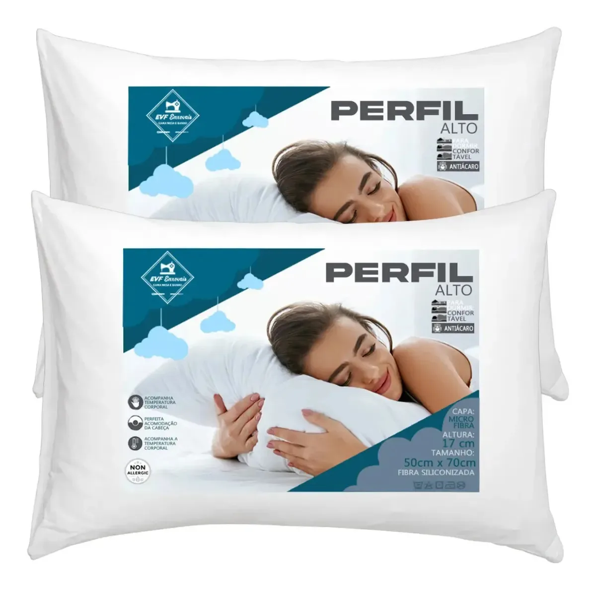 2 Travesseiros Micro Perfil Alto Macio 70x50 Antialérgico Branco