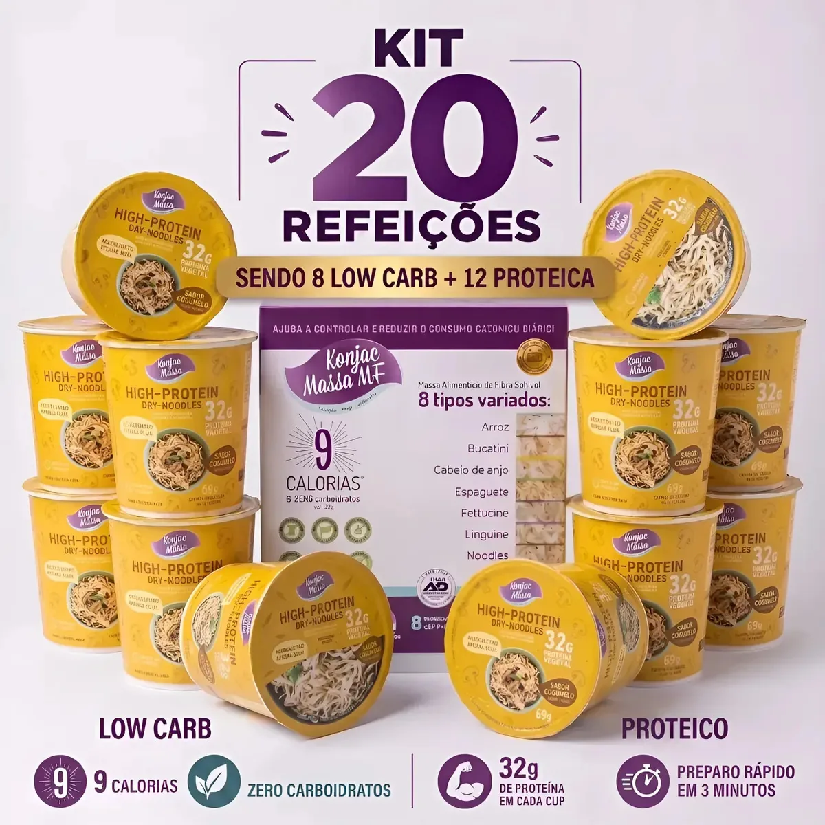 Kit Macarrão Instantâneo 12 Cups Cogumelo + 1 Box Mix Konjac