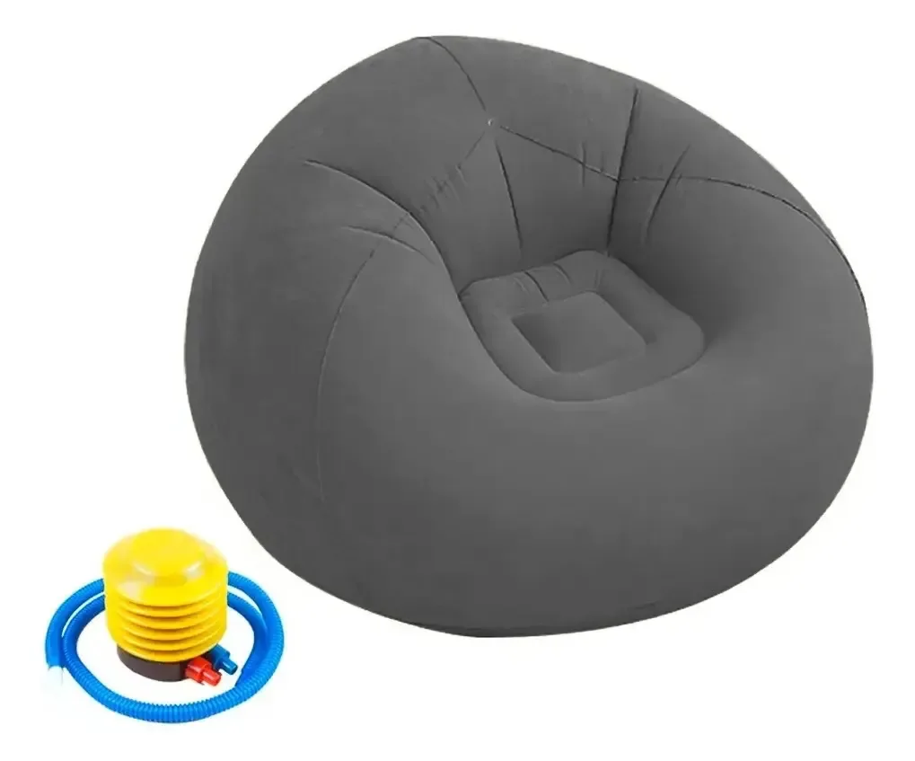 Poltrona Puff Inflável Sofá Aveludado Com Bomba Conforto Cor Cinza