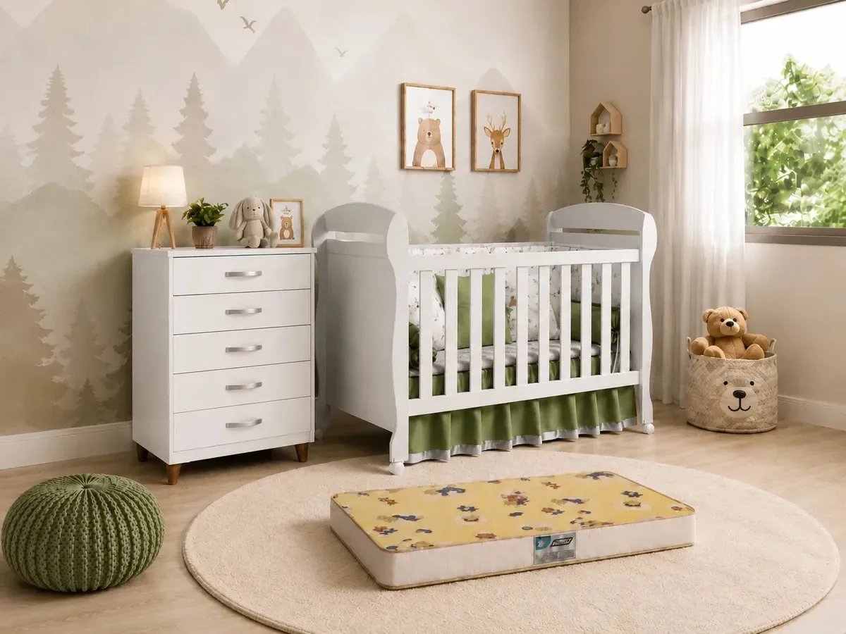 Kit Quarto Bebê Doce Sono Completo Berço Danny + Cômoda 5 Gavetas + Colchão Berço