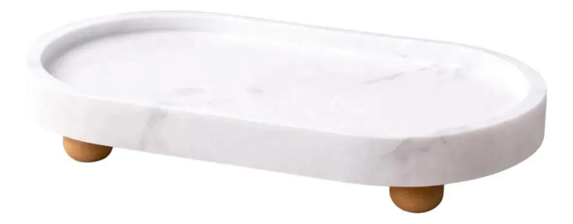 Bandeja Oval Pe Branca Marmorizada Com Pé 17,5x9,2cm Decor