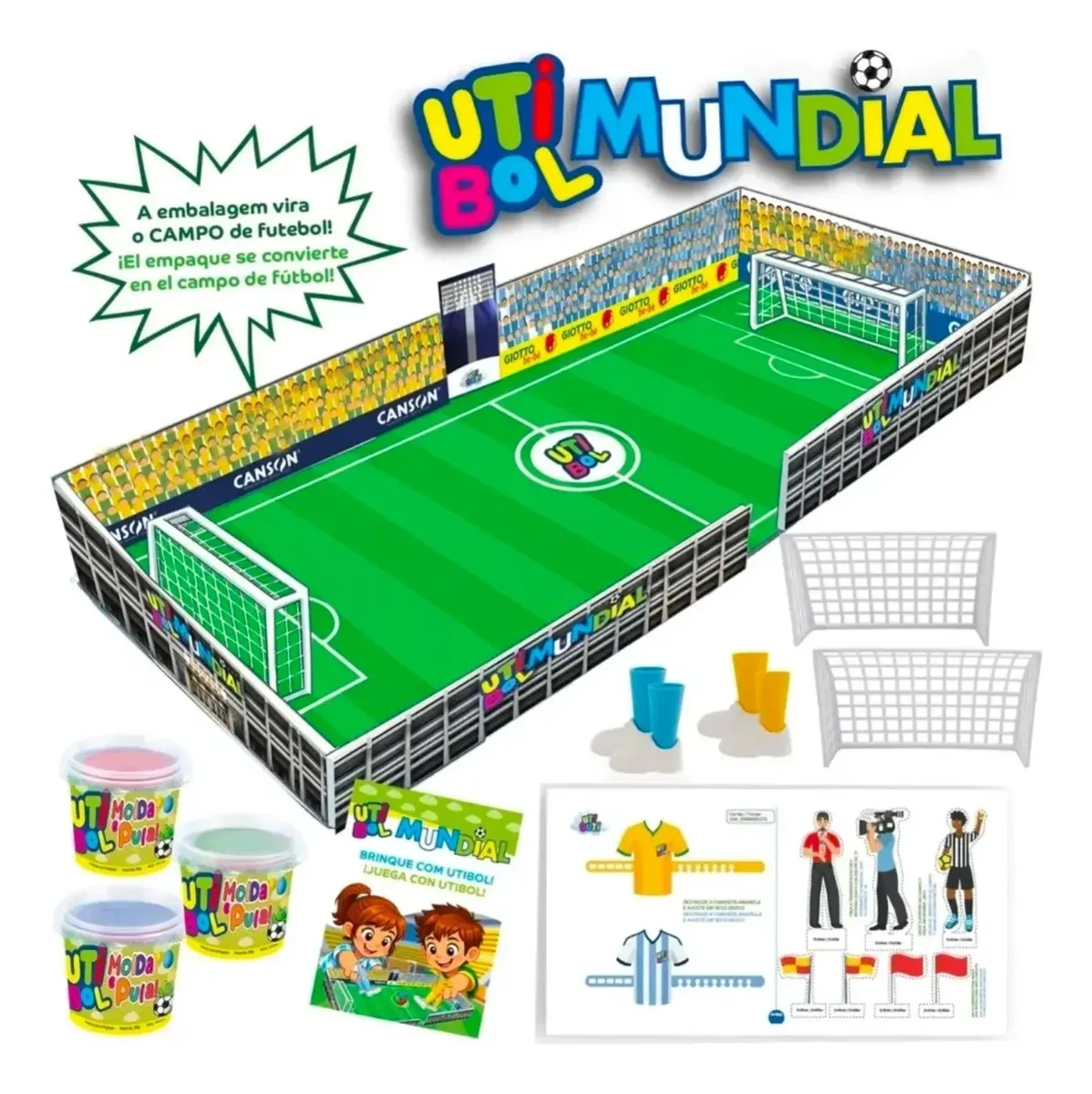 Kit Jogo De Futebol De Dedo Com Mini Estádio Massa Que Endurece - Jogo Utibol Mundial Copa 3 Massinhas De Modelar Utiguti Campo De Futebol - 1 Campo - 2 Dedoches - 2 Traves - 3 Massinhas Utiguti