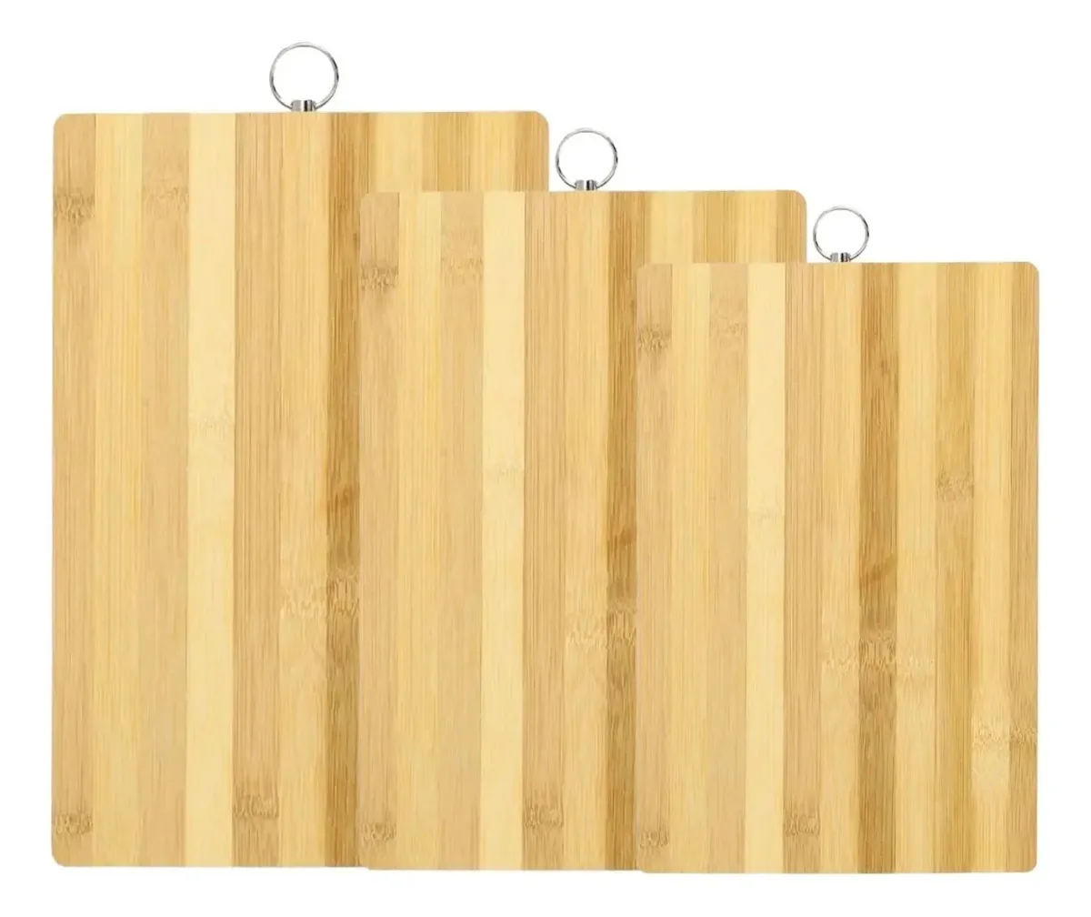 Conjunto 3 Tábuas De Corte Bambu Alça Inox Sustentável Liso Palha