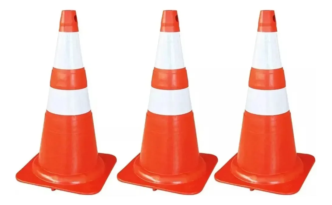 Kit 3 Cones de Sinalização Flexíveis PVC Laranja com Fitas Refletivas NBR 15071