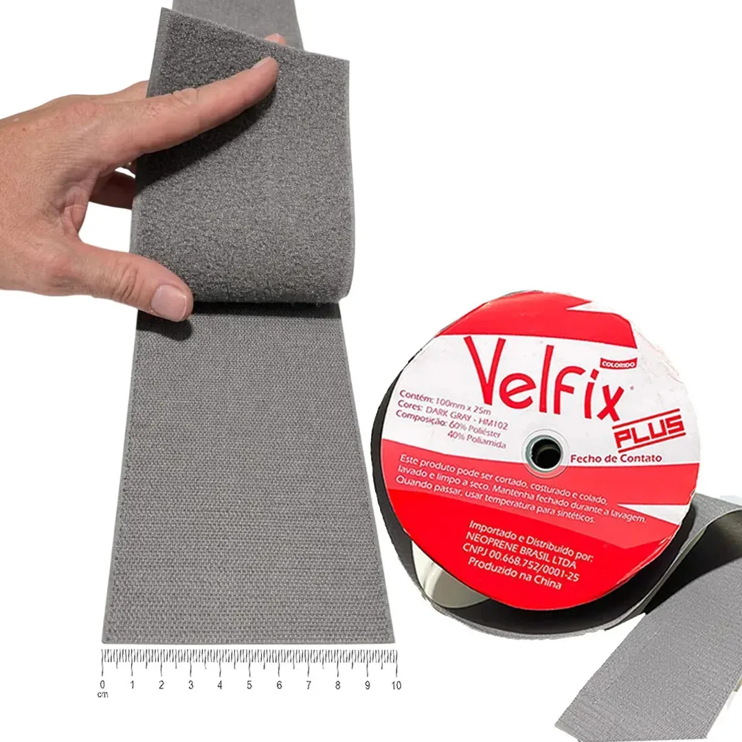 Fecho De Contato Velfix Cinza 100mm - 1 Metro macho e femea