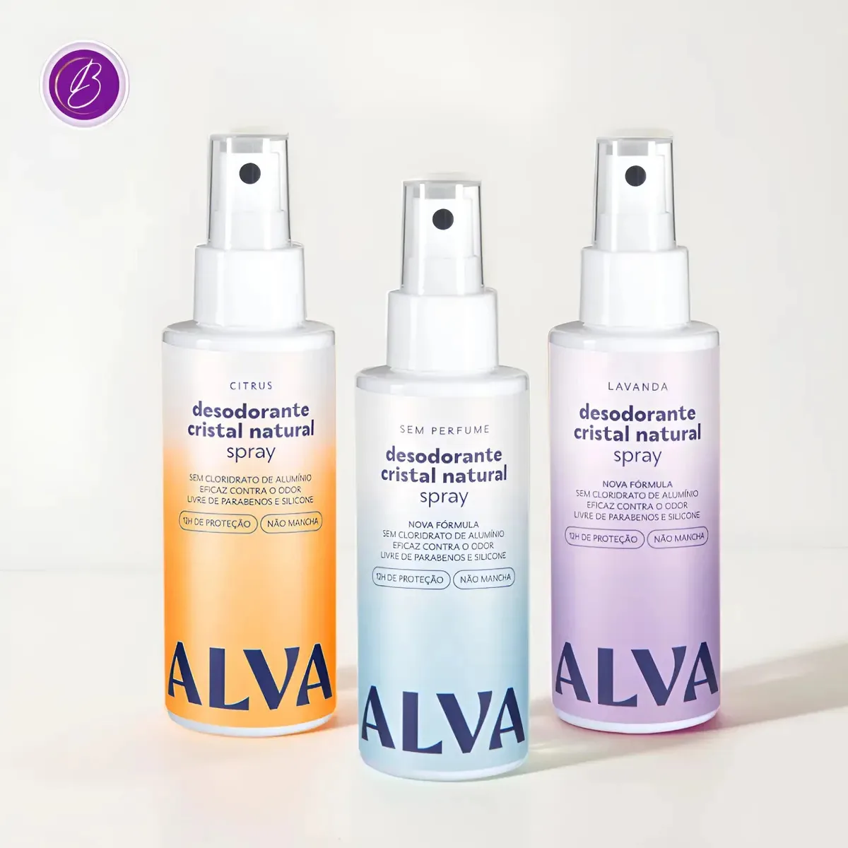 Kit Cristal Natural Alva: 3 Desodorantes Spray 120ml Vegano Lavanda Citros E Sem Perfume