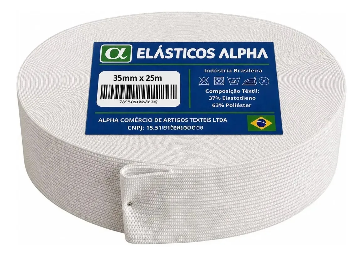 1 Rolo Elástico Chato Crochet 35mm X 25m Liso Branco Elásticos Alpha
