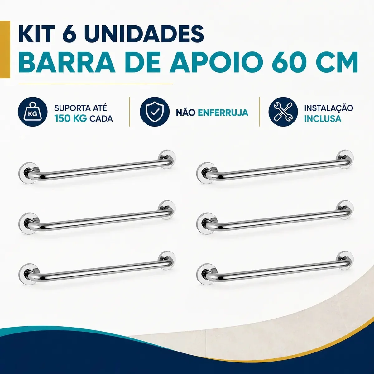 Kit 6 Barra De Apoio Acessibilidade Para Idoso Deficiente Em Aço Inoxidável Alça 60cm
