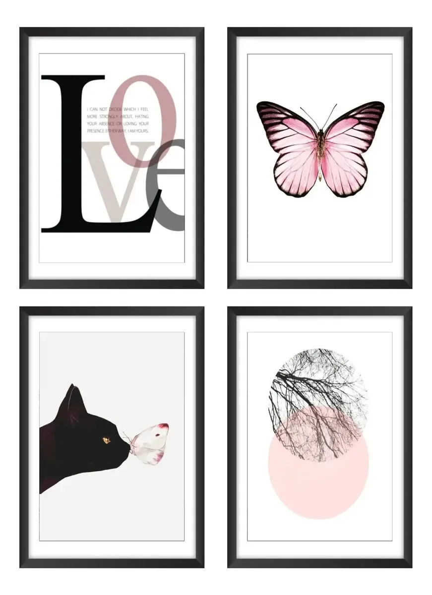 Kit 4 Quadros, Imagens Abstratas Com Love, Moldura E Vidro